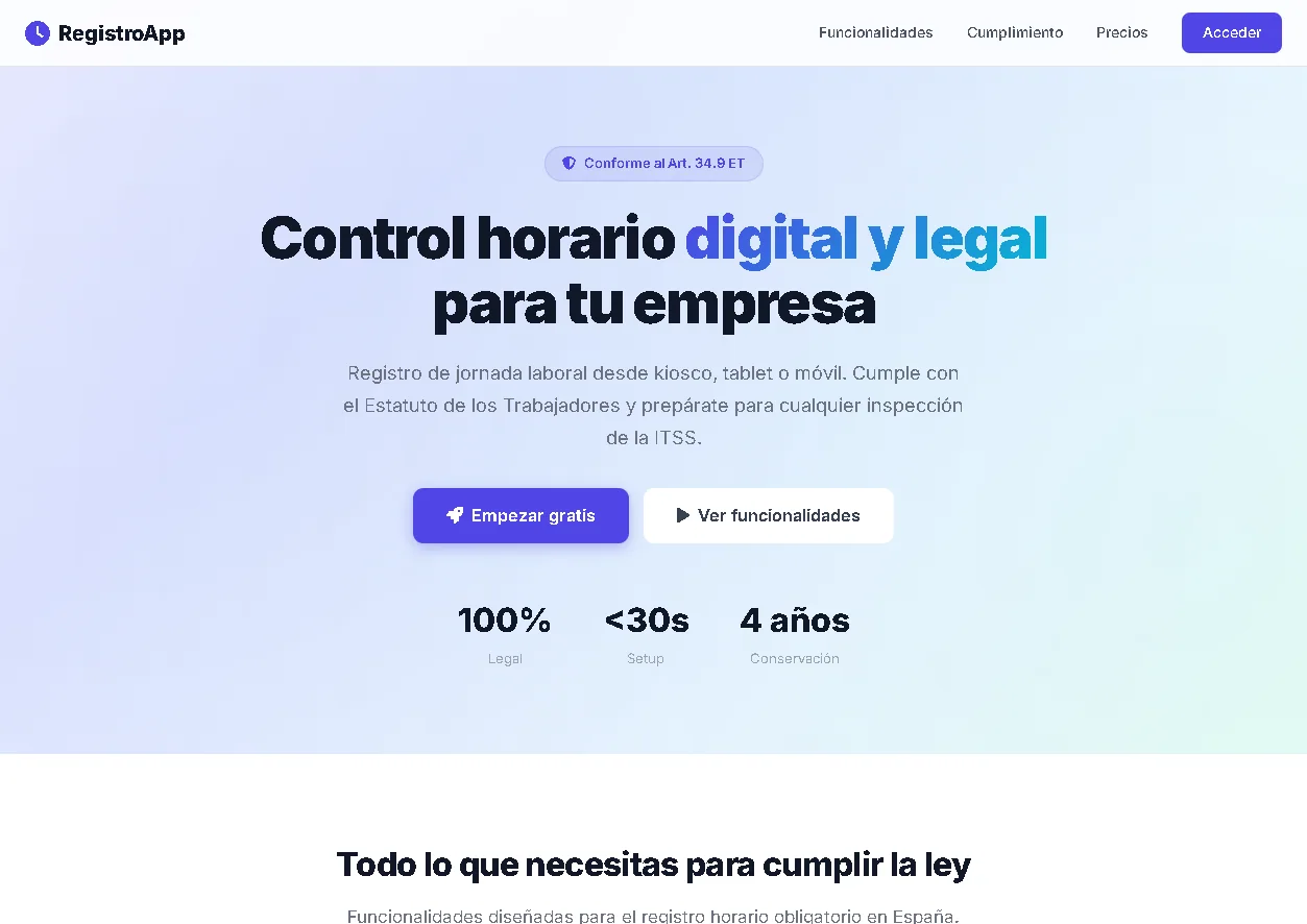 Captura de la plataforma de registro de jornada laboral Eregistro