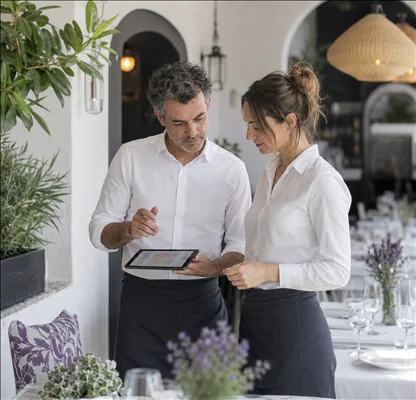 Equipo de restauración coordinando reservas y clientes