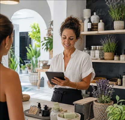 Comercio local atendiendo a una clienta con apoyo de su web